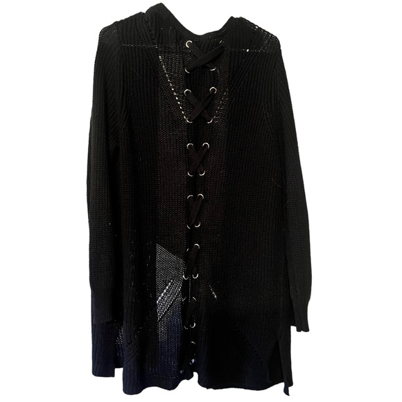 Women’s Pink Rose Black Long Sweater L with Metal Grommets - Picture 3 of 4